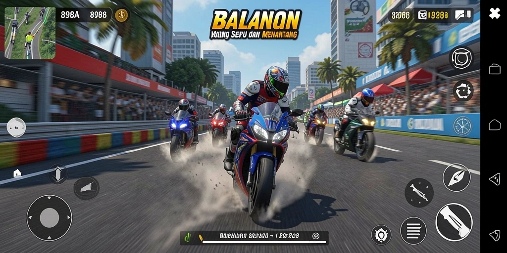 Tangkapan layar dari gameplay balapan motor yang mendebarkan di 898A.