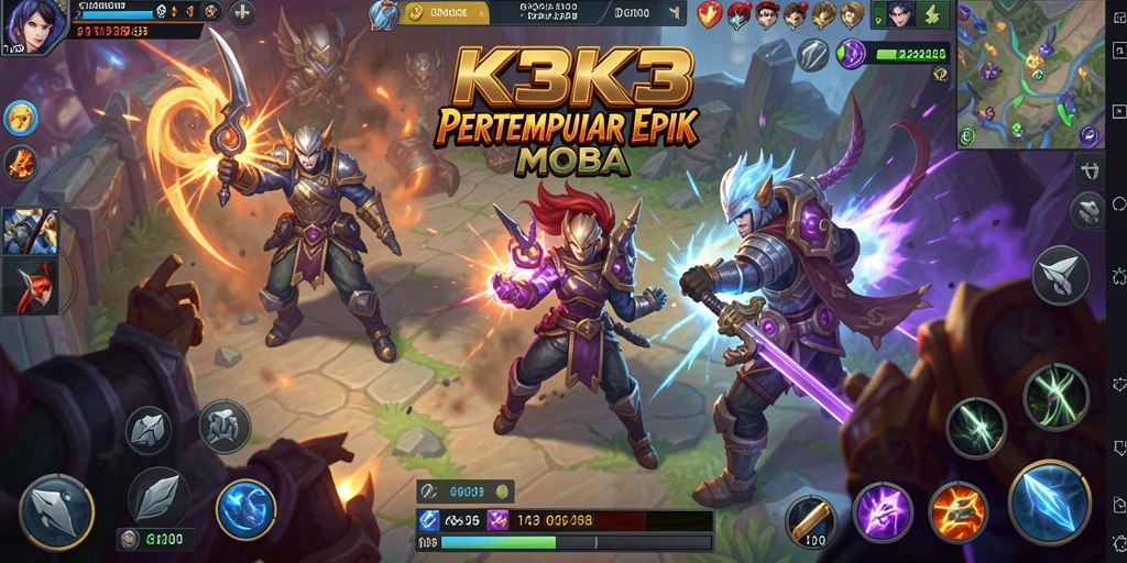 Screenshot gameplay K3K3 saat pertempuran seru di arena MOBA.