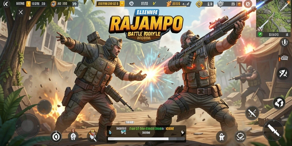 Tangkapan layar gameplay RAJAMPO menampilkan aksi pertarungan Battle Royale yang intens.