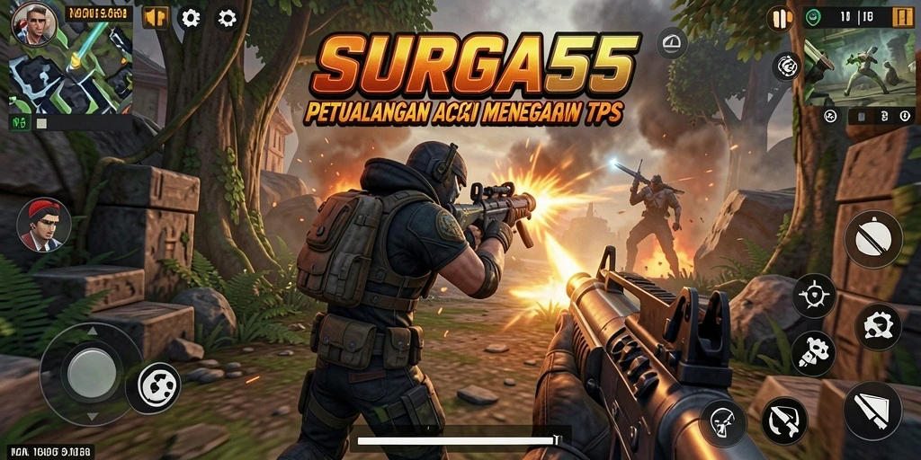 Screenshot utama SURGA55 menampilkan aksi gameplay seru dalam TPS.